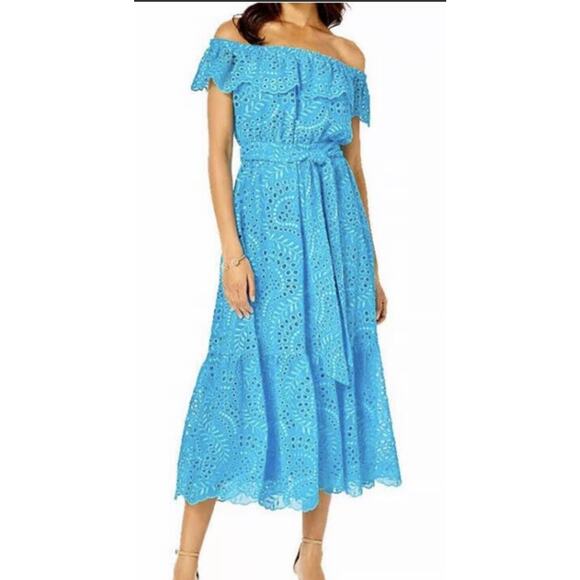 Lilly Pulitzer Geri Off The Shoulder Sea breeze Blue Midi Eyelet Dress XL $348 - Picture 1 of 9